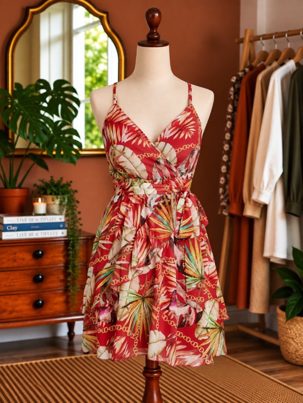 Guess Red and Green Floral Mini Dress